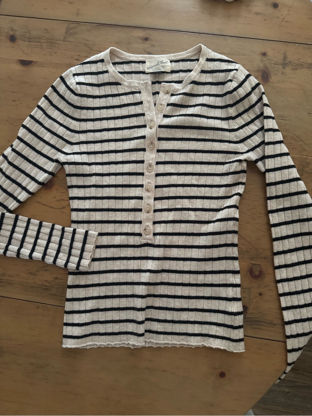 Universal Thread Cream and Black Striped Ribbed Henley Long Sleeve